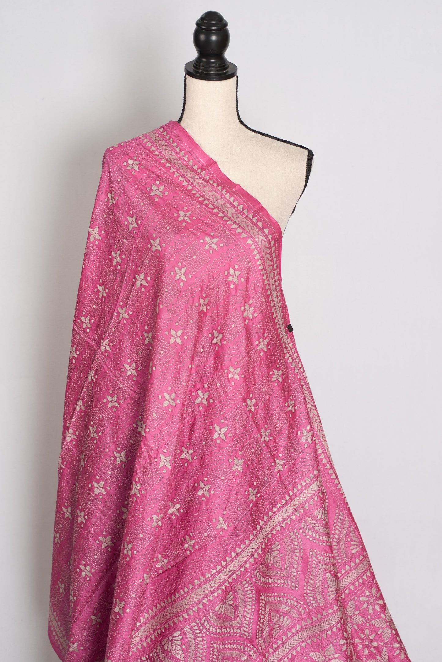 Bidisha : Vibrant Pink Hand Embroidered Kantha Stitch Pure Bangalore Silk Saree image 3
