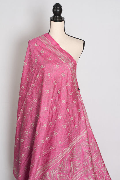 Bidisha : Vibrant Pink Hand Embroidered Kantha Stitch Pure Bangalore Silk Saree image 3
