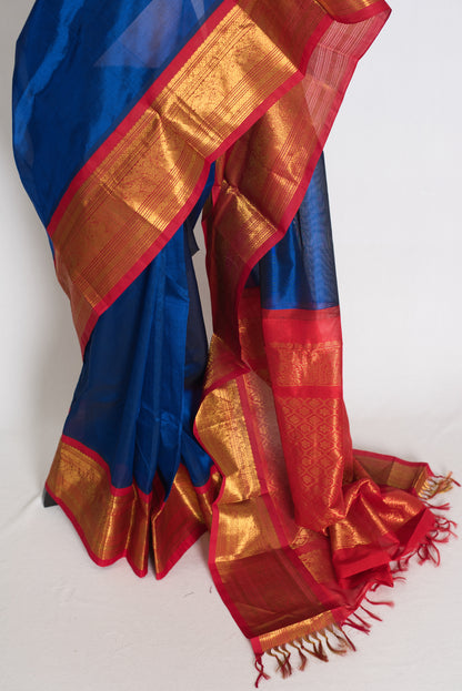 Mala : Royal Blue and Red Cotton Silk Kanjivaram Saree with 38 Size Blouse image 7