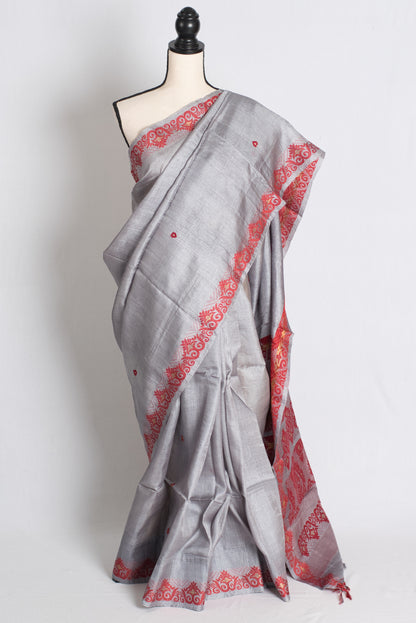 Meera : Bengal Tussar Silk Saree in Steel Gray and Red image 0