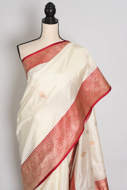 Stuti : White and Red Handwoven Pure Silk Banarasi Saree | Silk Mark Certified image 6