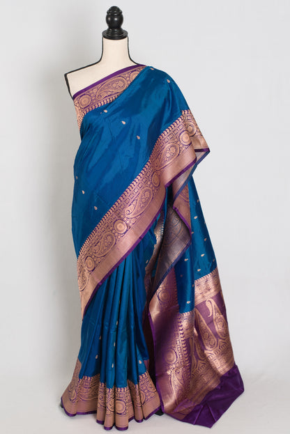 Mahi | Royal Blue Pure Katan Silk Banarasi Saree with 40 Size Stitched Blouse image 0