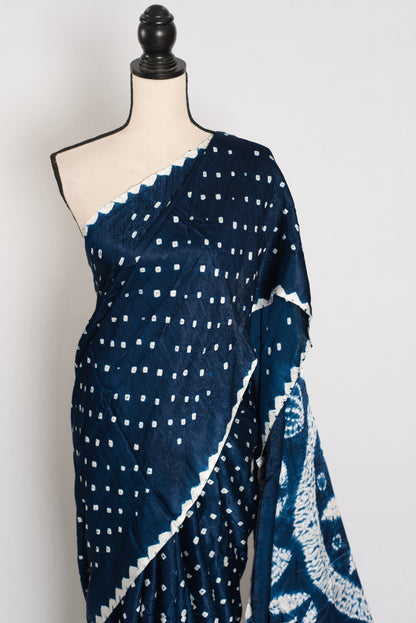 Saira: Navy Blue & White Hand Bandhani Modal Silk Saree image 6