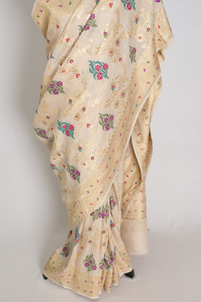 Reena : Beige & Gold Tussar Georgette Banarasi Saree with Minakari Floral Jaal image 6