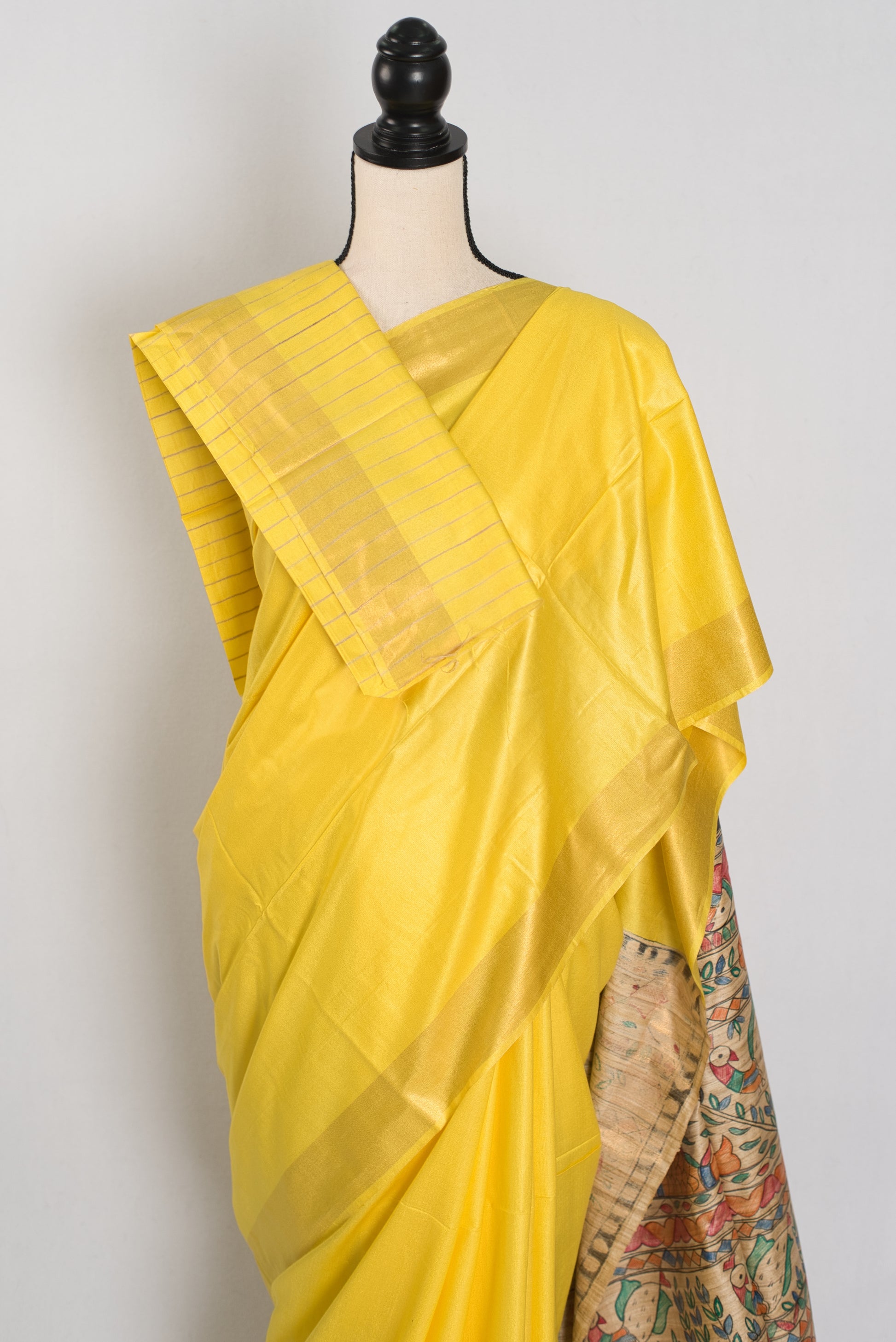 Ragini :Bright Yellow Staple Tussar Saree | Hand-Painted Madhubani Pallu image 2