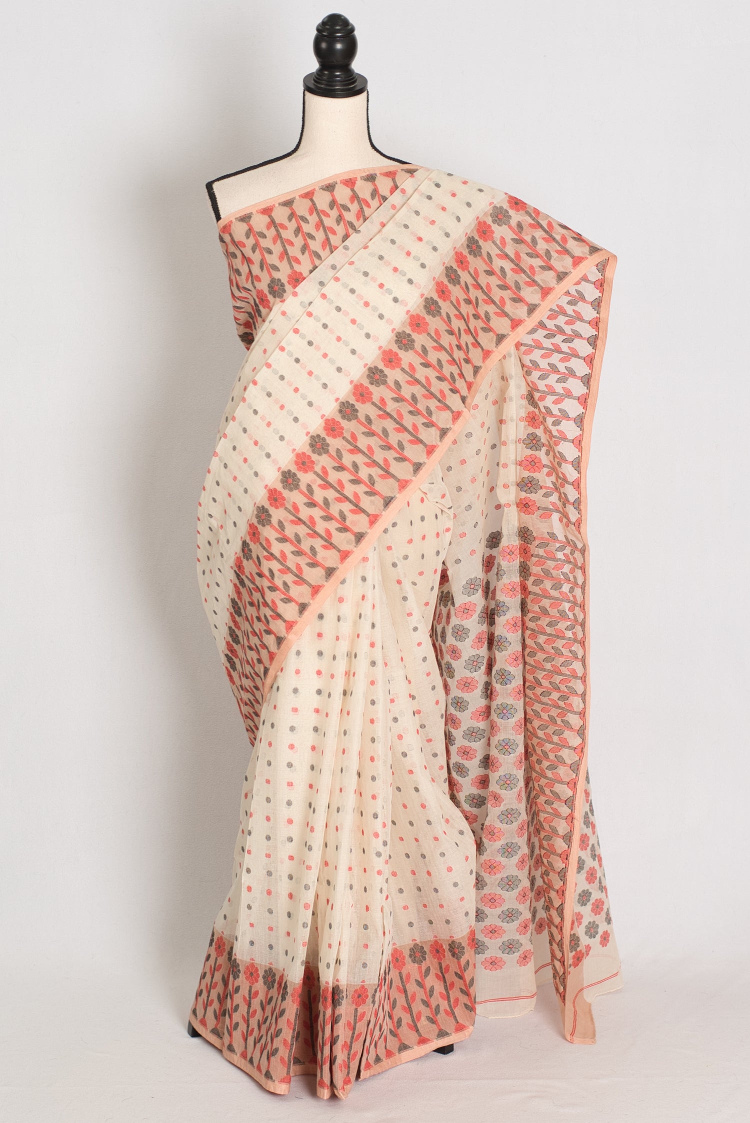 Jaya: Cream & Peach 100% Pure Cotton Jamdani Saree image 0