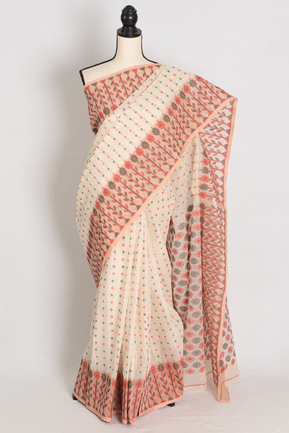 Jaya: Cream & Peach 100% Pure Cotton Jamdani Saree image 0