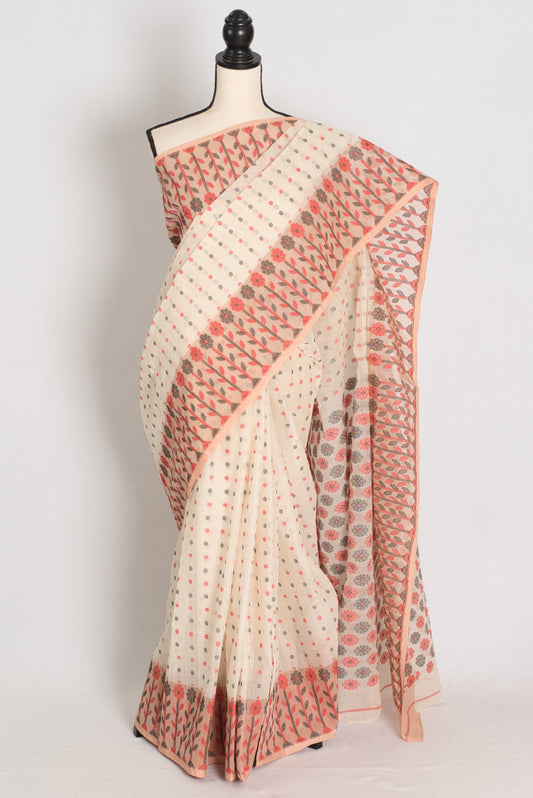Jaya: Cream & Peach 100% Pure Cotton Jamdani Saree image 0