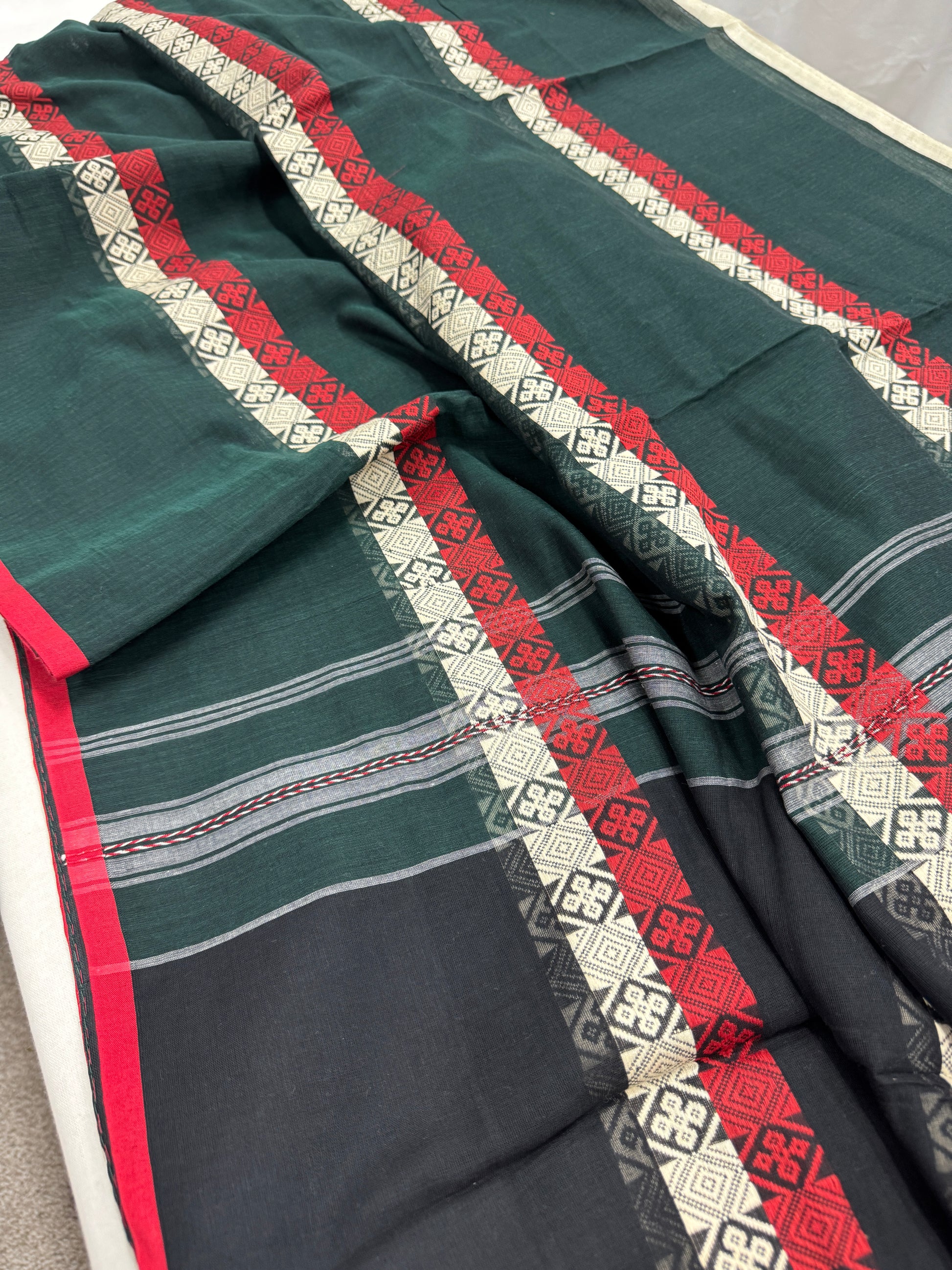 Meadow Melody :  Green Horizontal Stripe Bengali Soft Cotton Dhanekhali Saree image 5