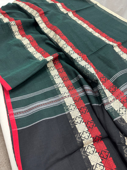 Meadow Melody :  Green Horizontal Stripe Bengali Soft Cotton Dhanekhali Saree image 5