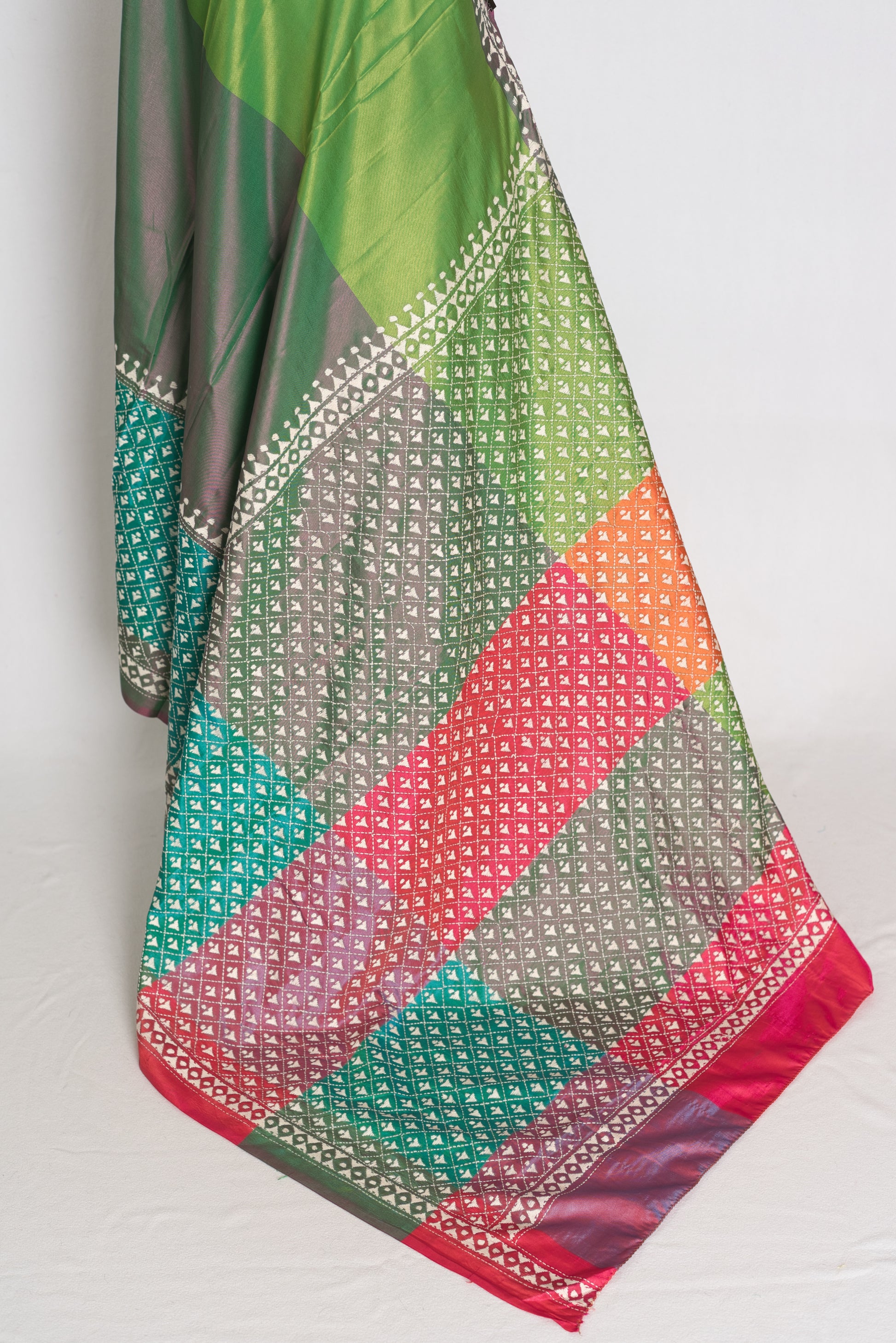 Damini : Green Semi Silk Kantha Embroidery Saree with 42 Size Stitched Blouse image 4
