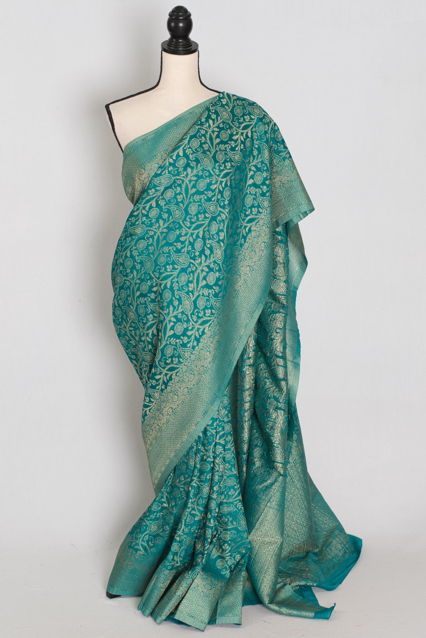 Rini | Rama Green Semi Georgette Banarasi Saree | Pre-Stitched Size 36 Blouse image 0