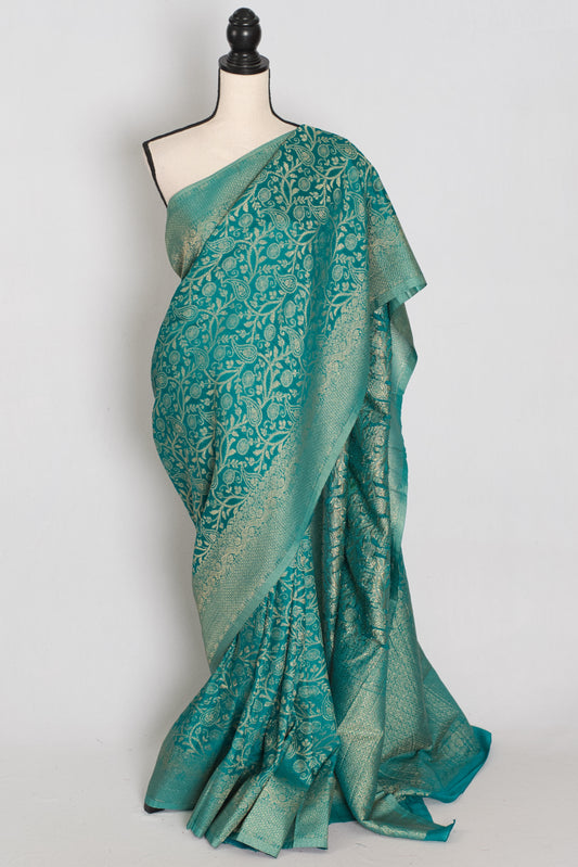 Rini | Rama Green Semi Georgette Banarasi Saree | Pre-Stitched Size 36 Blouse image 0
