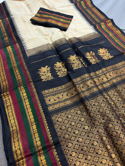 Charulata : Silk Mark Certified  Kanchi Gadwal Silk Saree in Rich Cream Color image 1