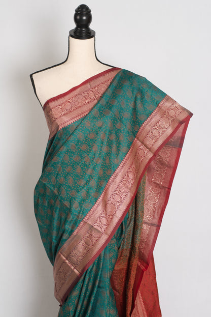 Barnali : Budget Friendly Green and Red Jamawar Banarasi Saree in Blended Silk image 5