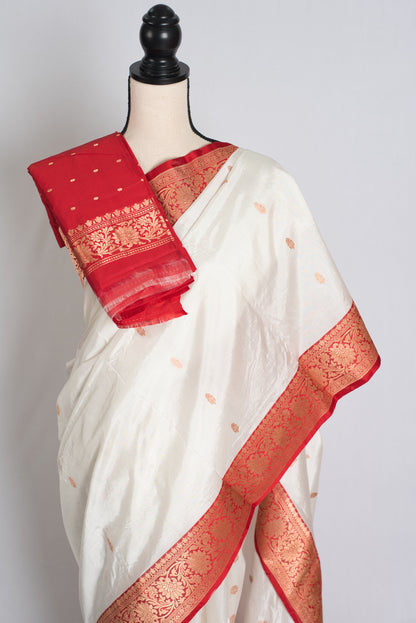 Annapurna : Silk Mark Certified White and Red Banarasi Silk Saree image 2