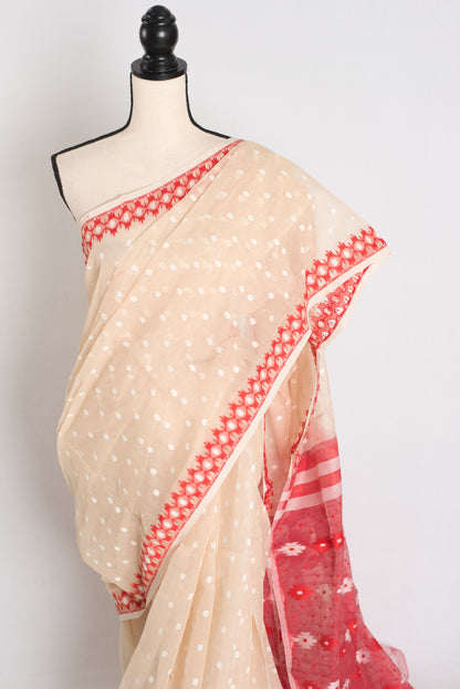 Ahiri : Beige and Red Blended Soft Cotton Jamdani Bengali Saree image 5