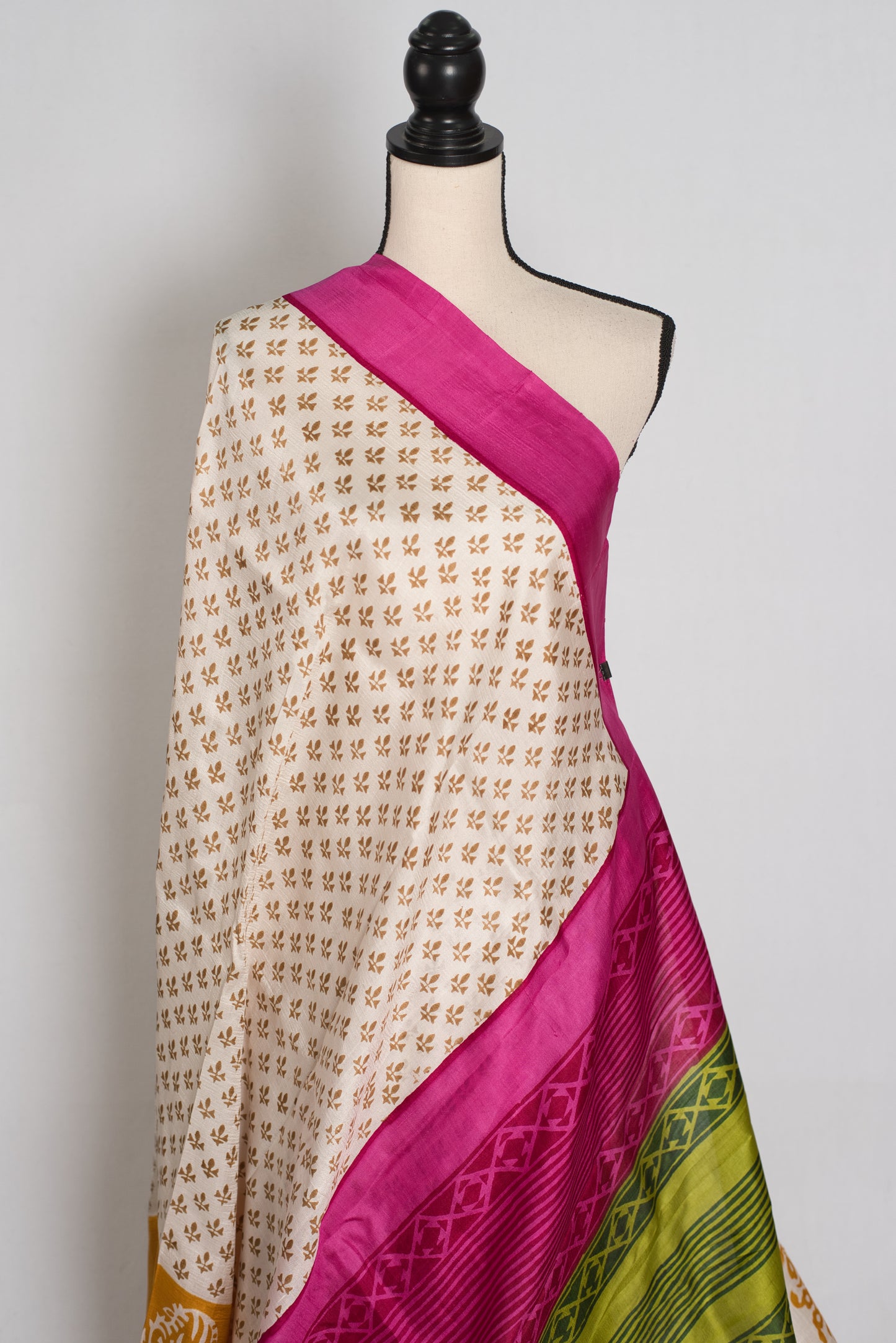Basanti : Off-White, Pink and Yellow Hand Block Printed Murshidabad Silk Saree image 4