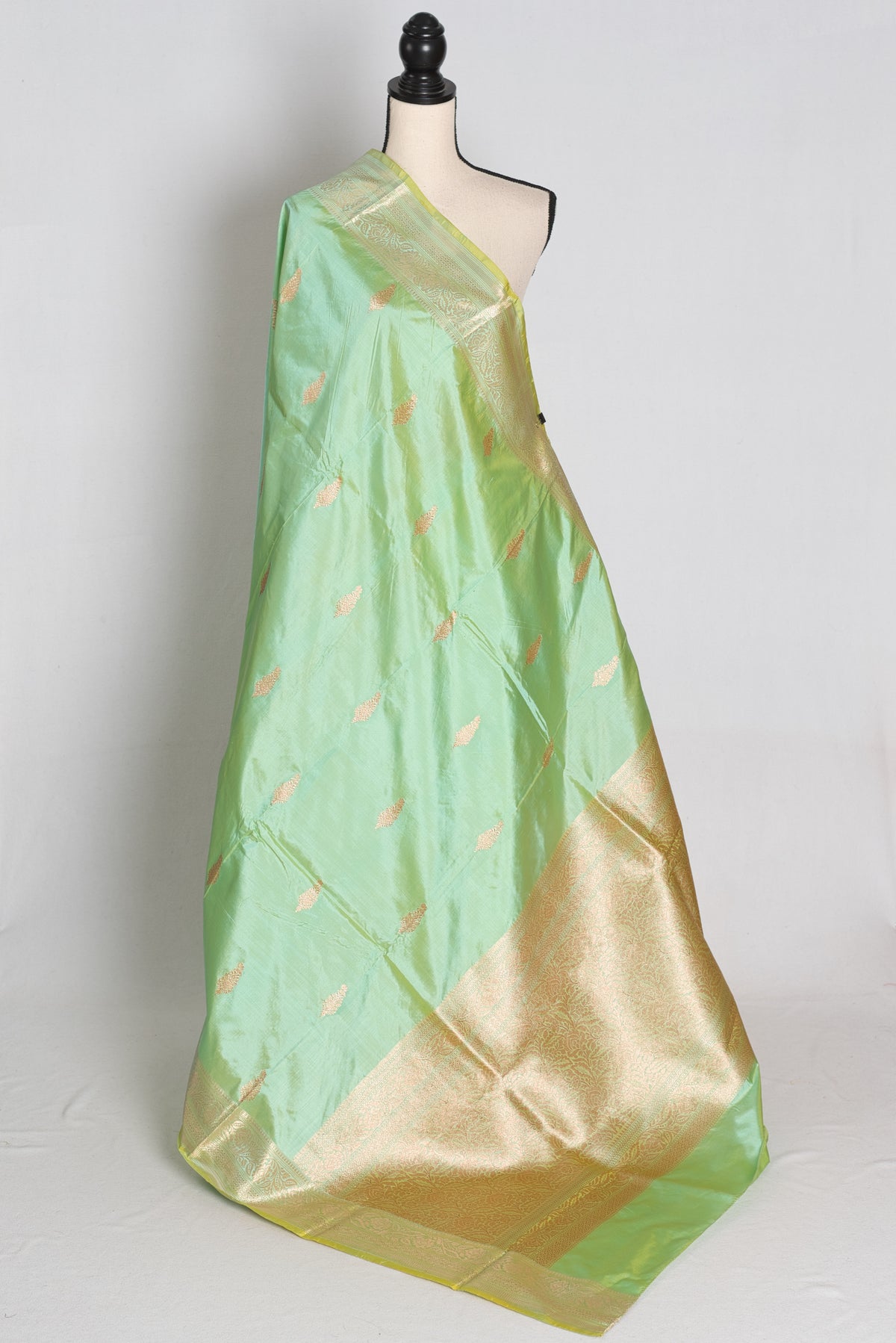 Sea Green and Gold Banarasi saree — front view