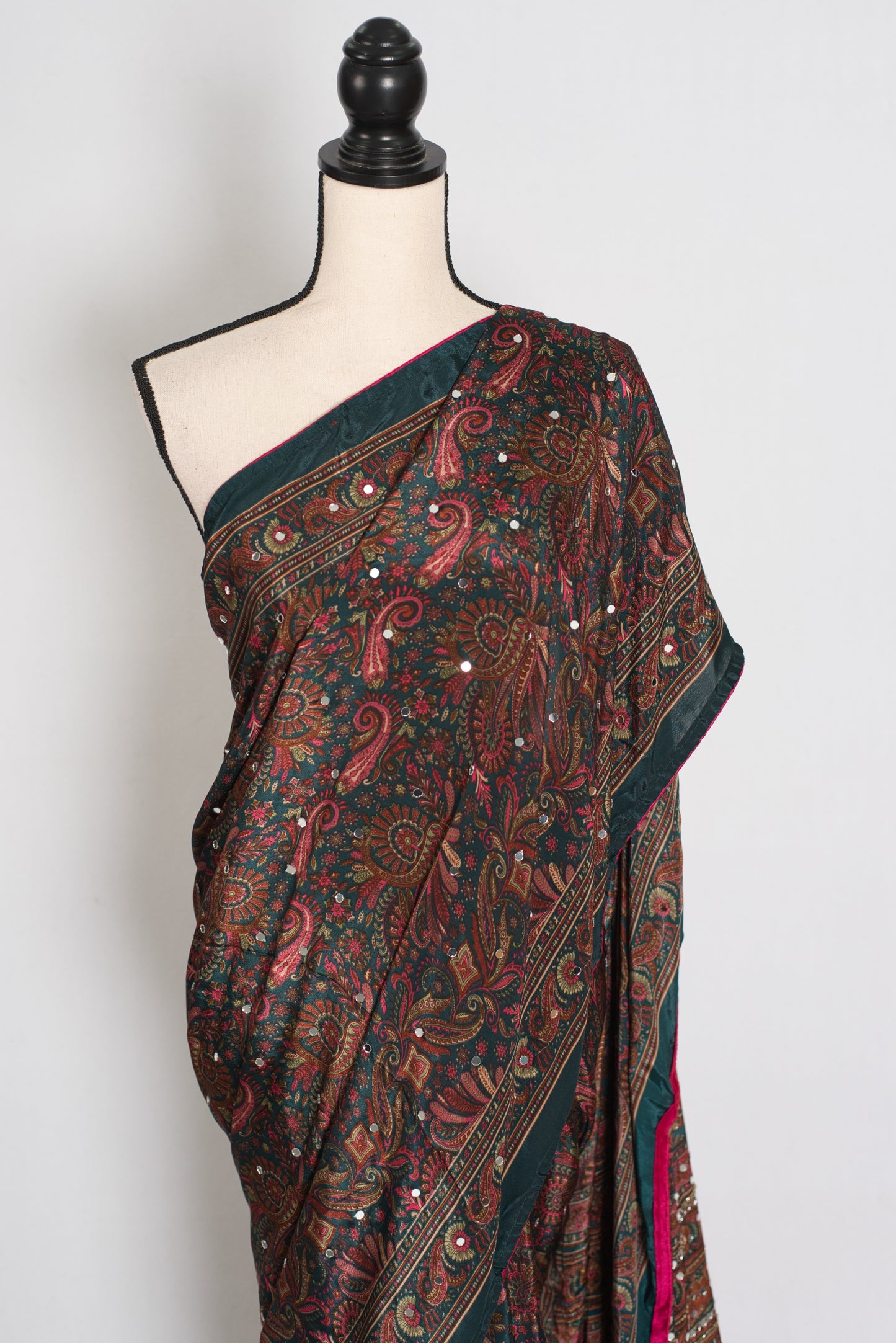 Sneha | Dark Green Kalamkari Printed Mirror Work Saree | Semi Modal Silk image 6