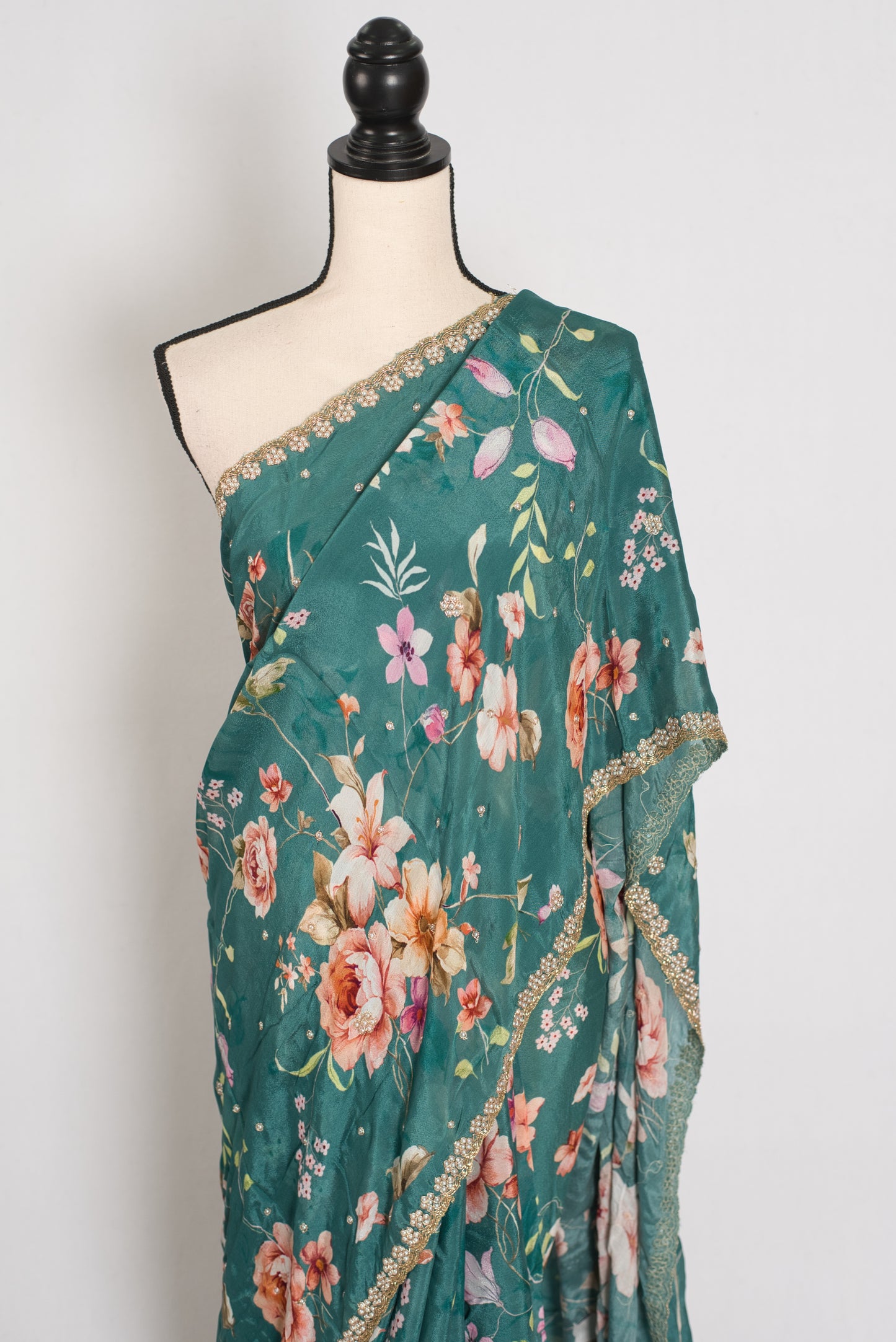 Afrin: Teal Floral Chinon Crepe Saree with Hand-Embroidered Pearl Border image 5