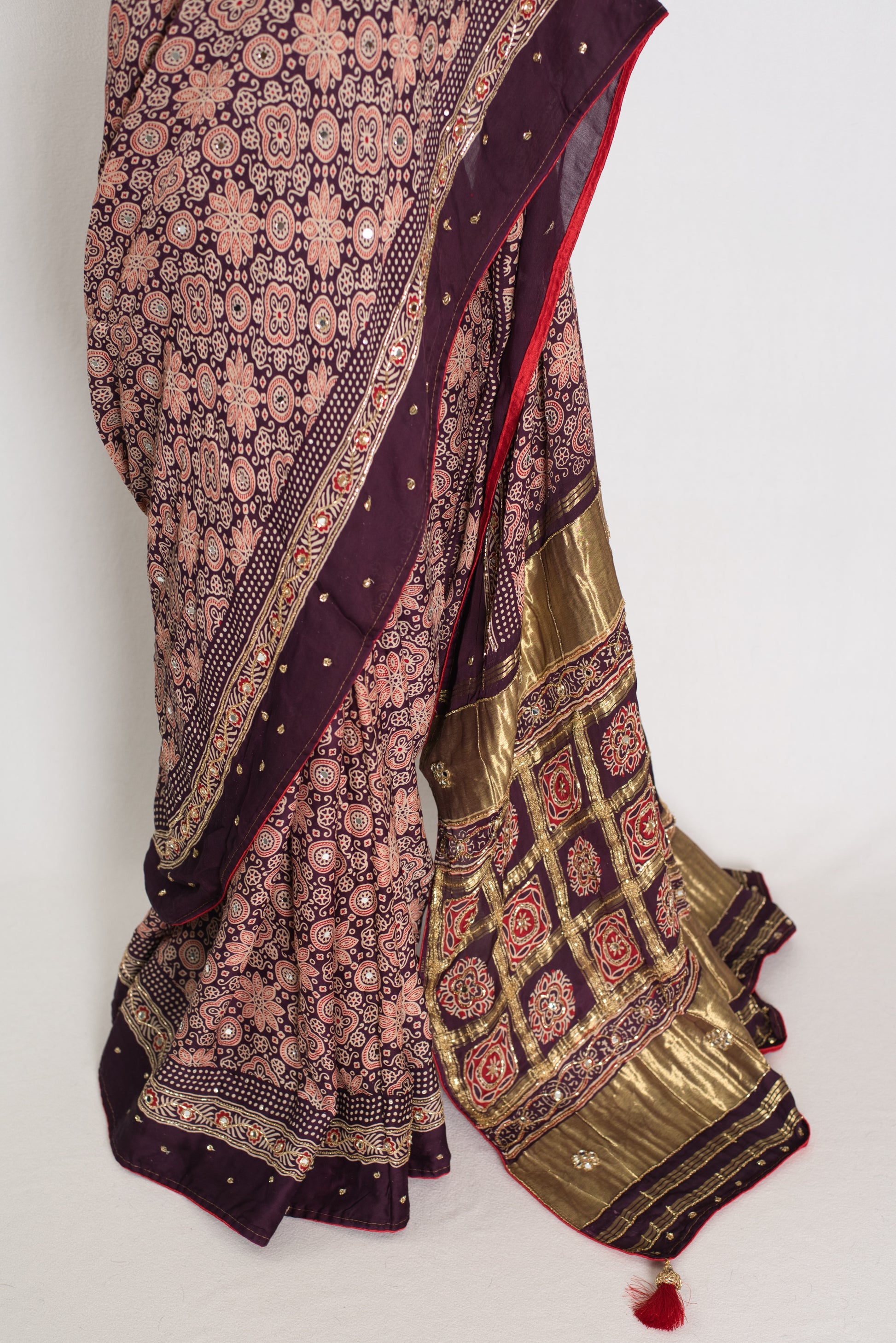 Sarah: Deep Purple Ajrakh Modal Silk Saree | Mirror & Cut Dana Work image 5
