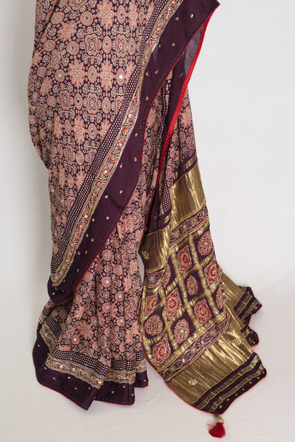 Sarah: Deep Purple Ajrakh Modal Silk Saree | Mirror & Cut Dana Work image 5