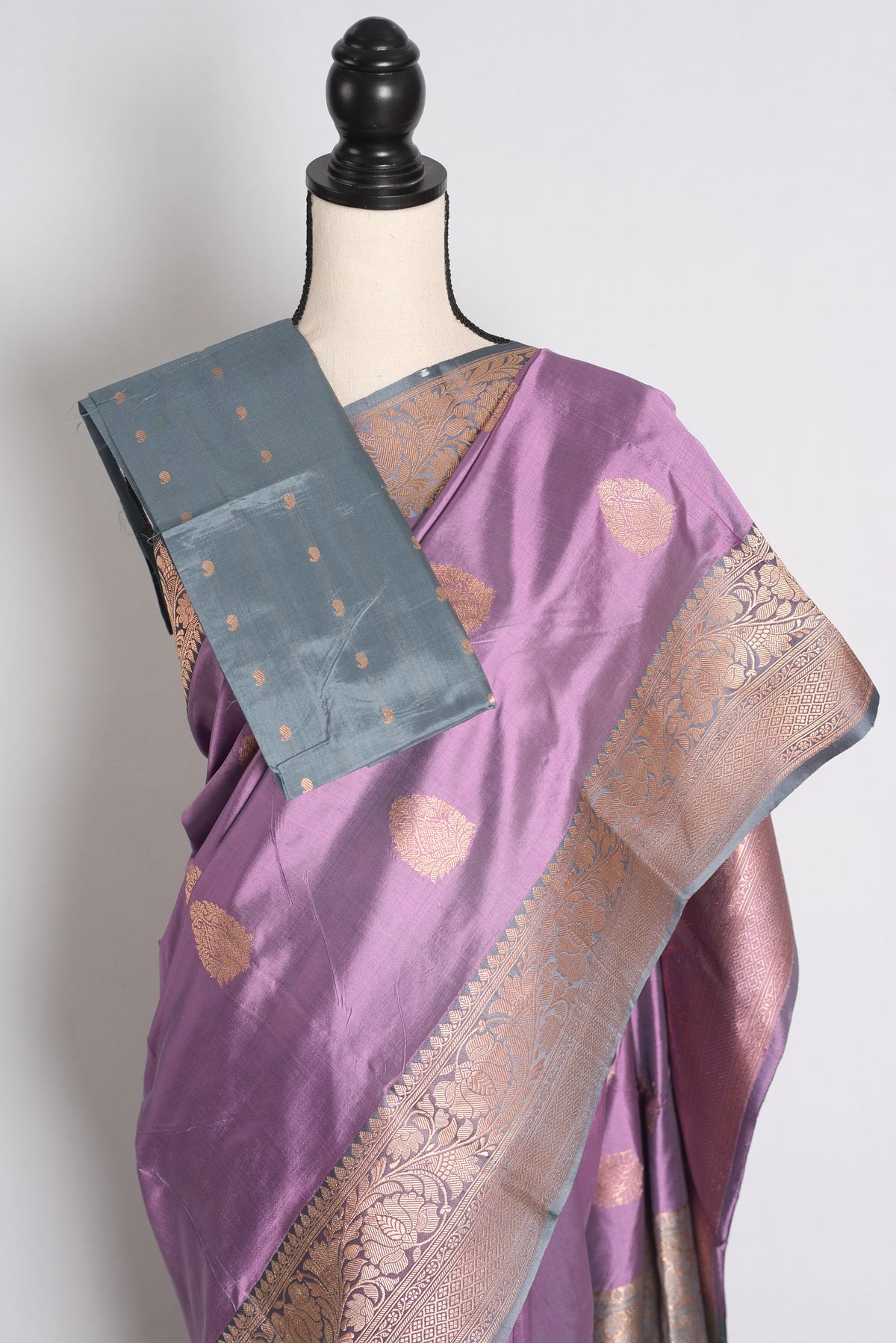 Urmi: Lilac and Gray Banarasi Silk Saree with Blouse Piece image 2