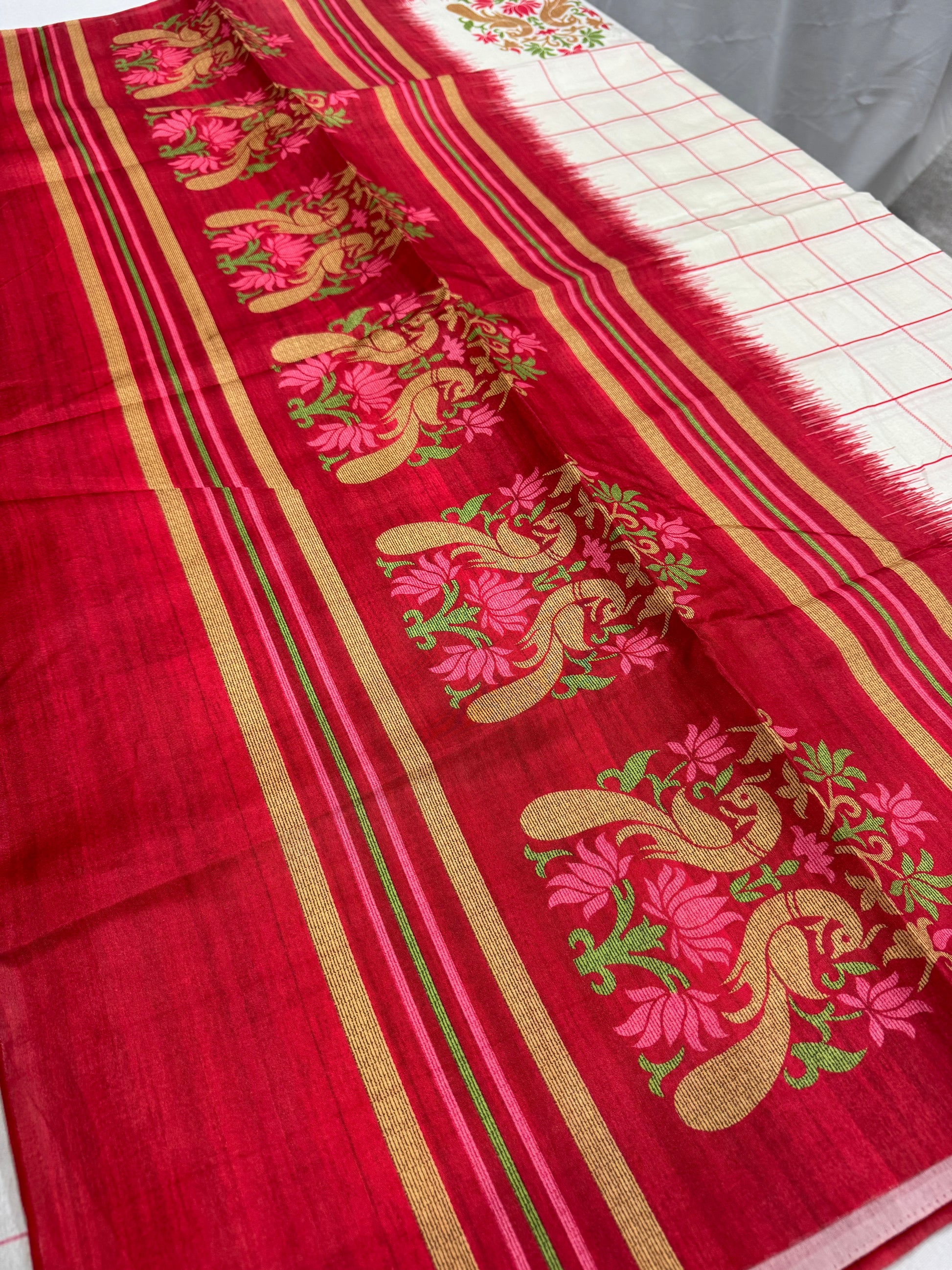 Aparajita : Off-White and Red Semi Silk Printed Saree for Durga Puja image 1