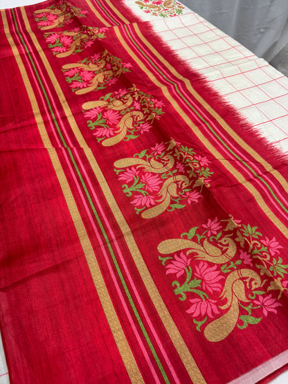 Aparajita : Off-White and Red Semi Silk Printed Saree for Durga Puja image 1