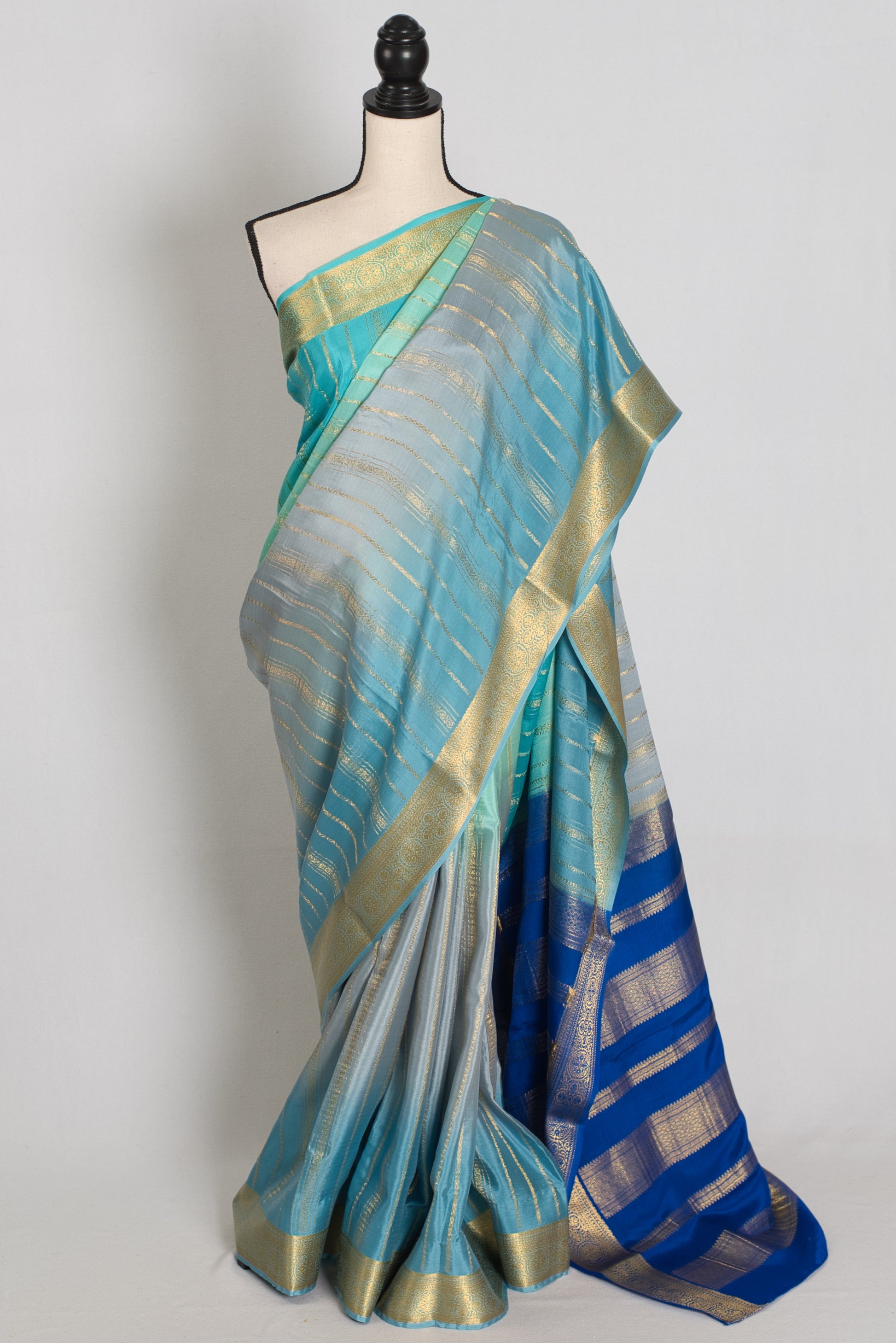 Vidya : Grey & Blue Shaded Premium Mysore Crepe Silk Saree | Silk Mark Certified image 0