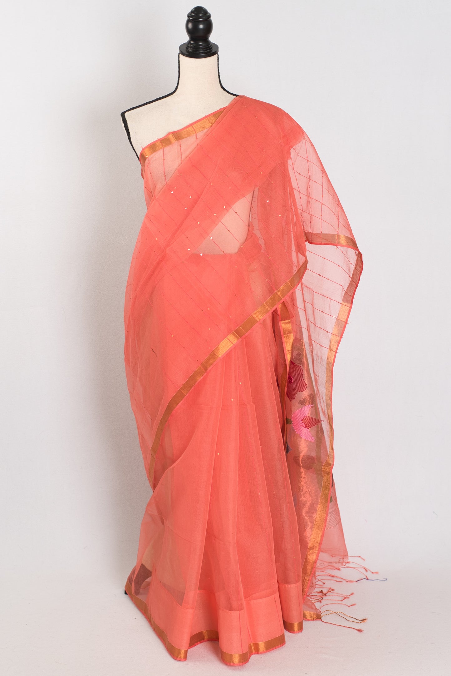 Soma: Orange & Gold Muslin Cotton Jamdani Saree | Sequin Weaving image 0