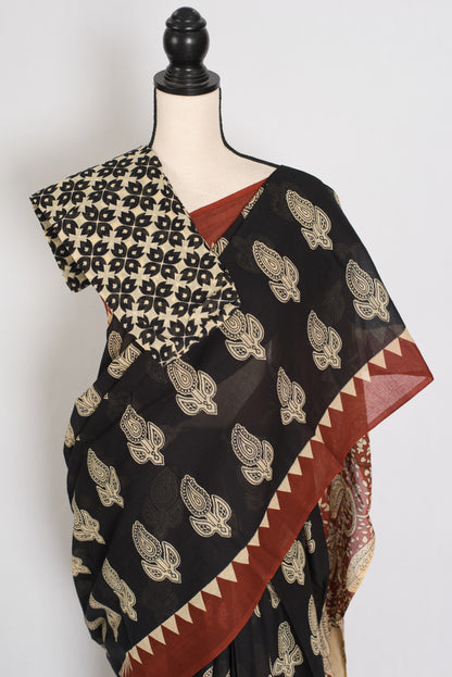 Kajal: Black Mulmul Cotton Saree with Kalamkari Prints | Pure Bengali Cotton image 2