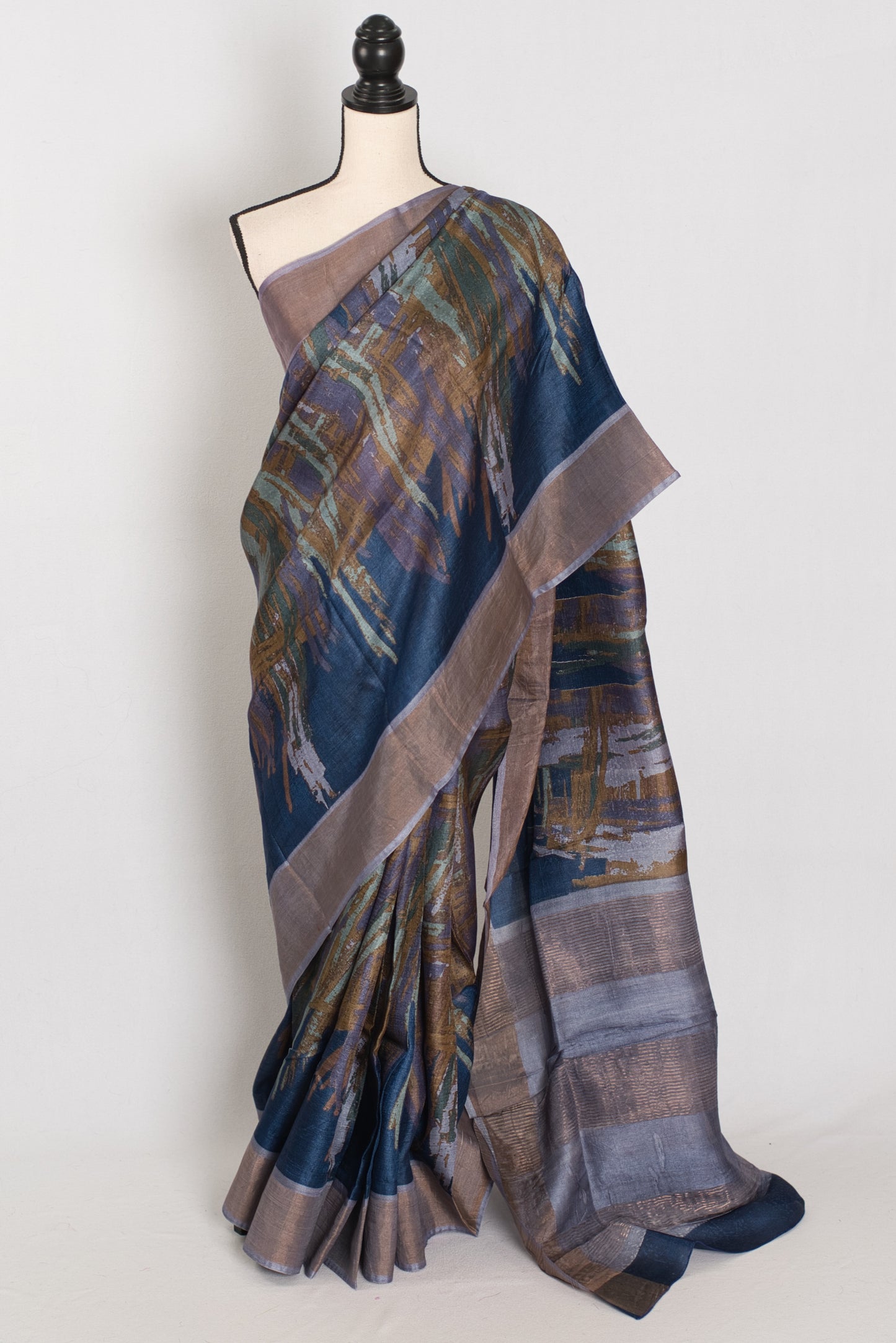 Mukta | Blue & Grey Pure Tussar Silk Saree | Contemporary Graphic Prints image 0