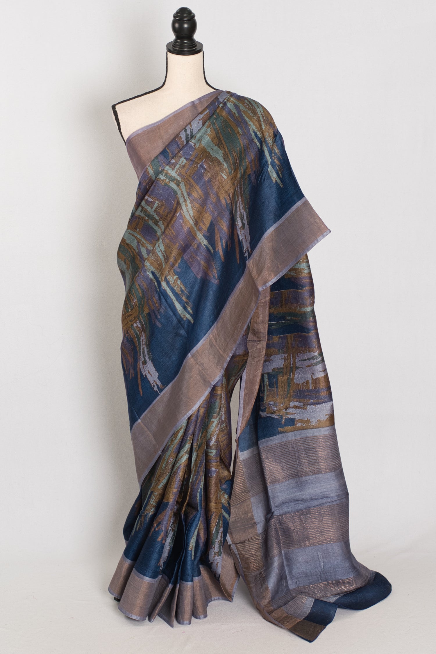 Mukta | Blue & Grey Pure Tussar Silk Saree | Contemporary Graphic Prints image 0