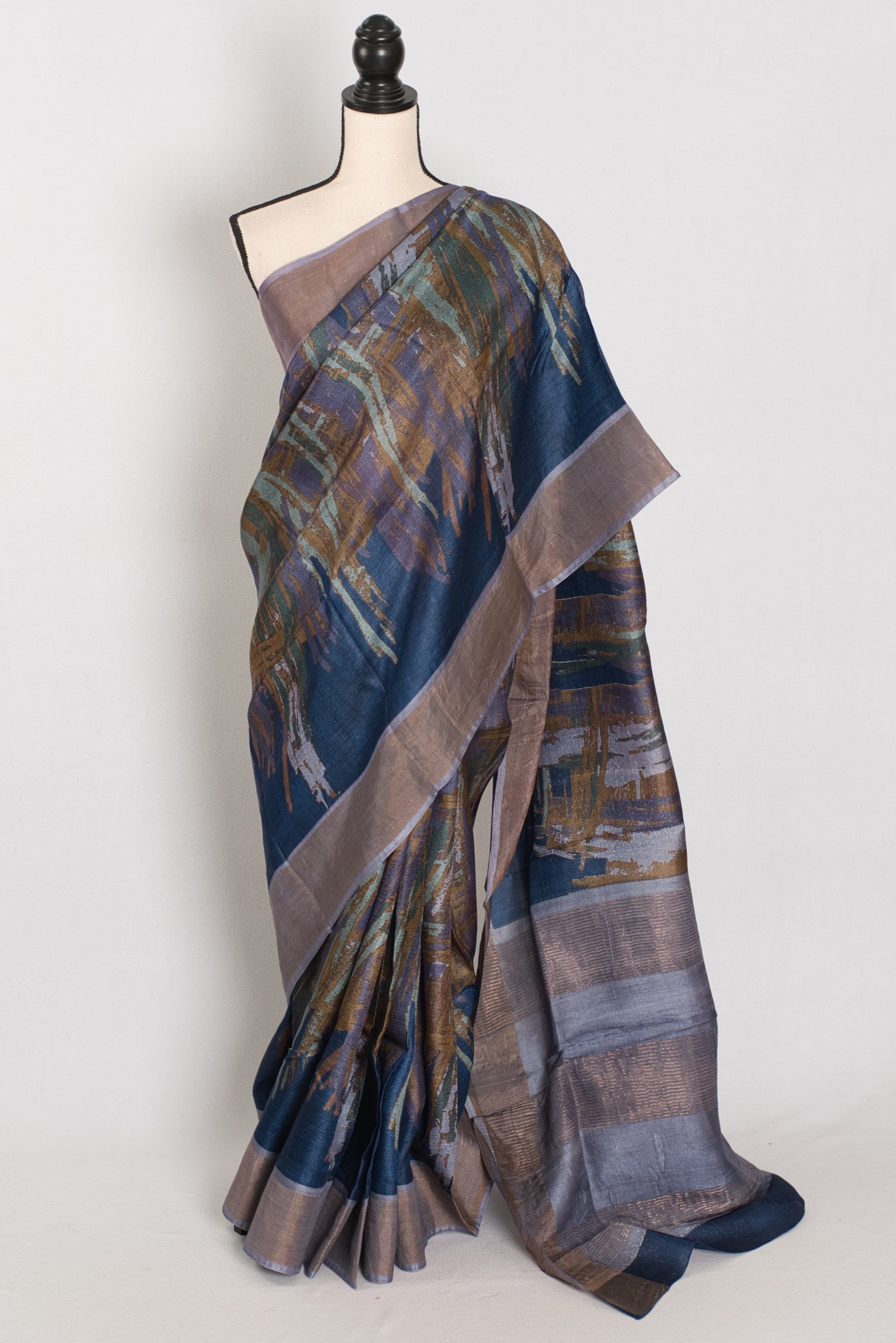 Mukta | Blue & Grey Pure Tussar Silk Saree | Contemporary Graphic Prints image 0