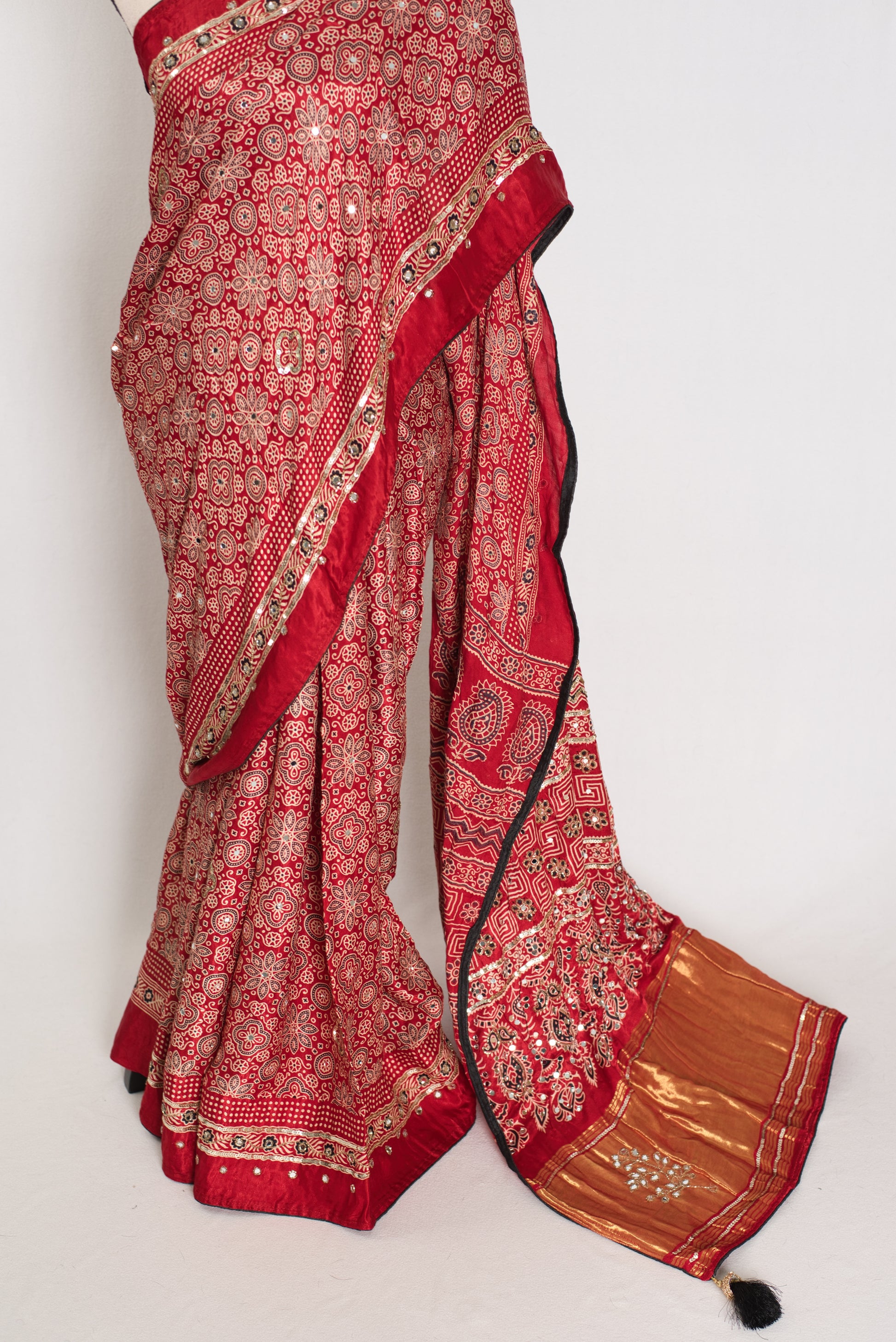 Reshma: Ajrakh Modal Silk Saree with Mirror & Cut Dana Work image 5