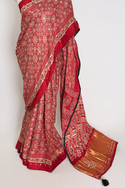 Reshma: Ajrakh Modal Silk Saree with Mirror & Cut Dana Work image 5