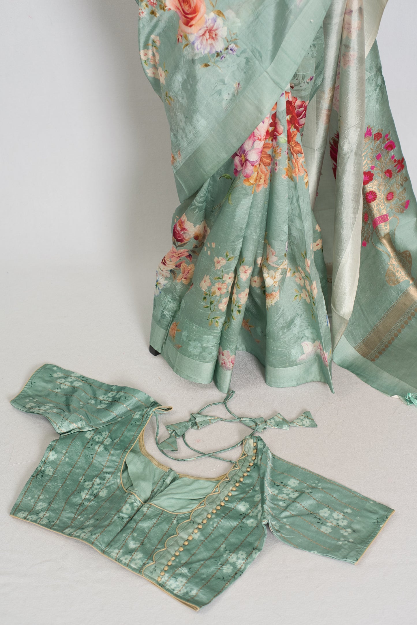 Soma : Sea Green Floral Banarasi Katan Silk Saree with 40 Size Stitched Blouse image 2
