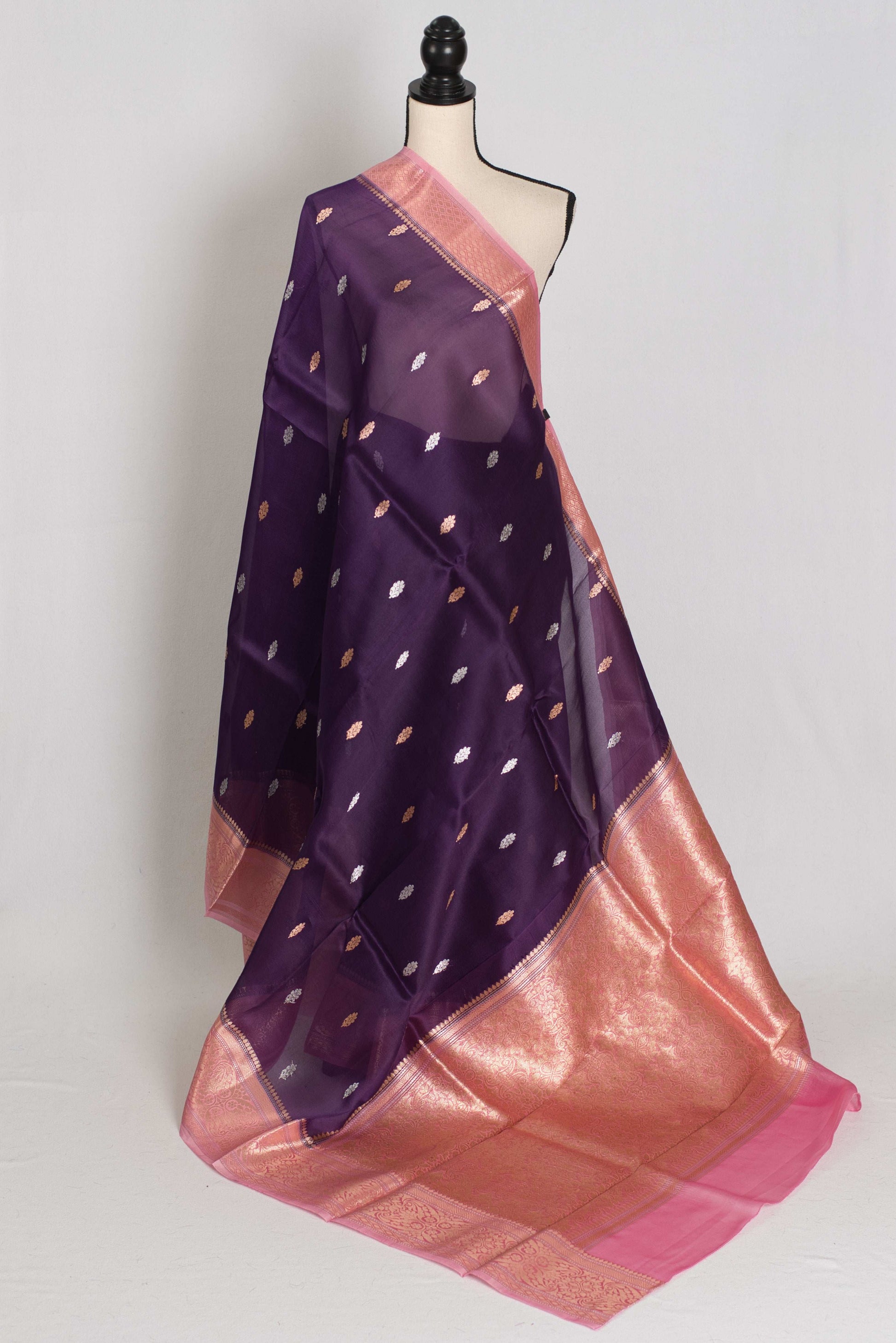 Nandini : Silk Mark Certified Purple with Pink Organza Banarasi Saree image 1