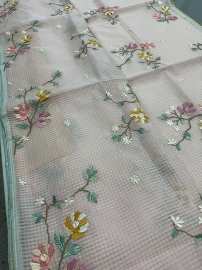Rohini | Pink Floral Embroidery Blended Cotton Kota Saree image 5