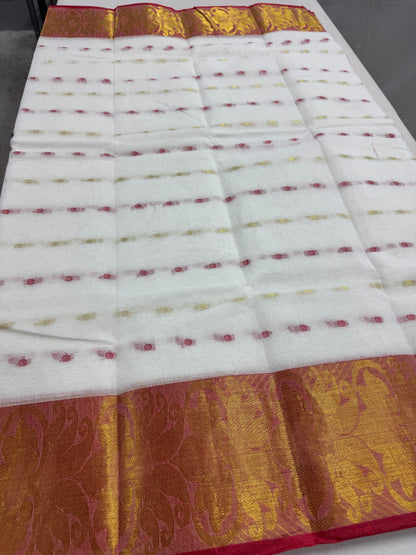 White and Red Tant saree — view