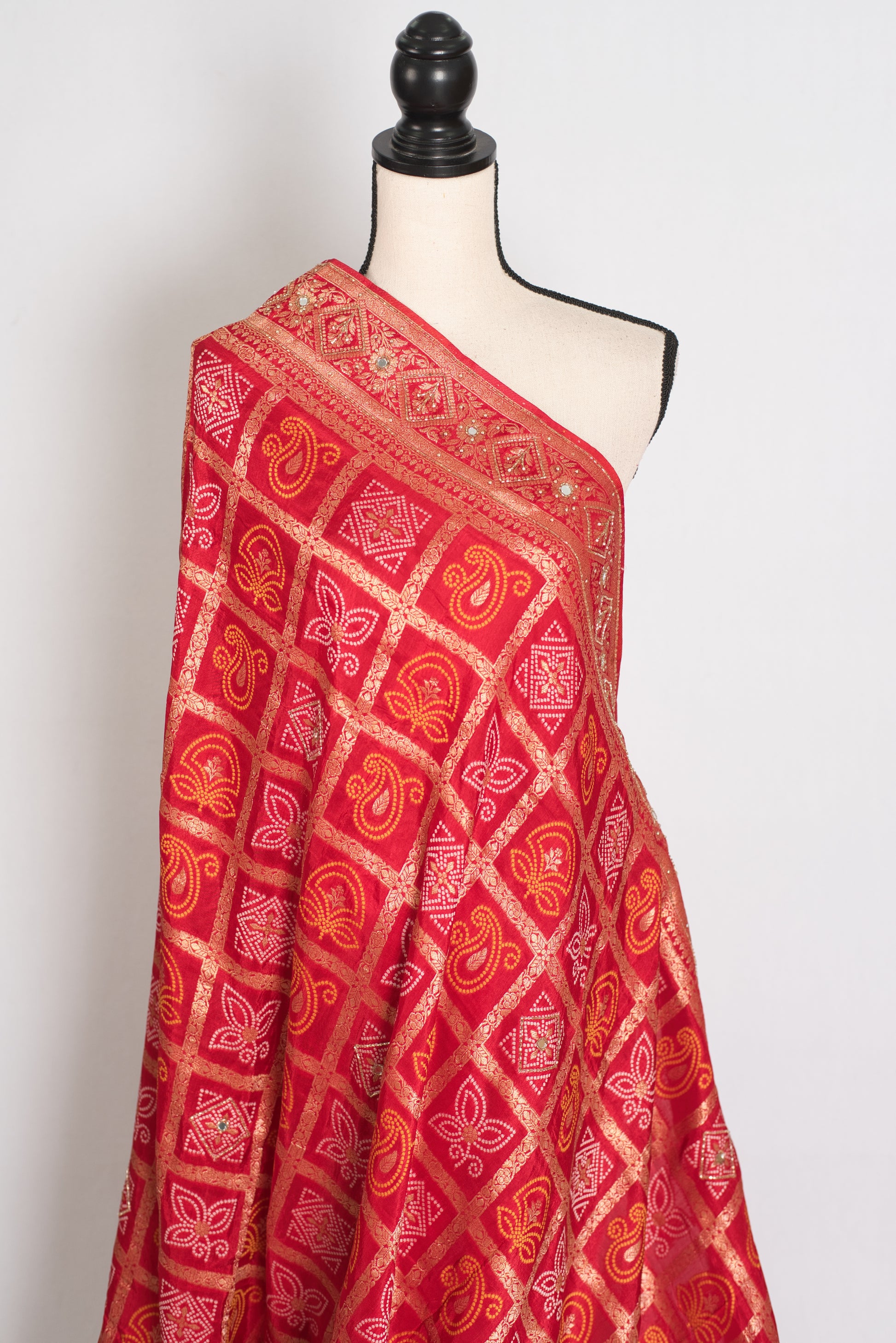 Radha | Red Dola Silk Gharchola Banarasi Saree | Hand-Embroidered Border & Pallu image 4