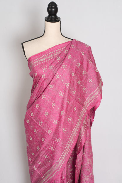 Bidisha : Vibrant Pink Hand Embroidered Kantha Stitch Pure Bangalore Silk Saree image 6