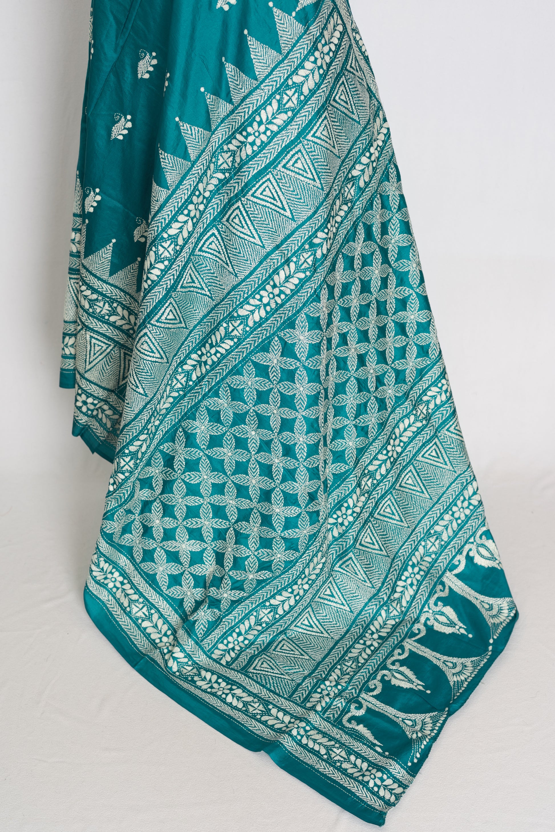 Keya : Green Pure Silk Kantha Saree with 40 Size Ready Stitched Blouse image 7