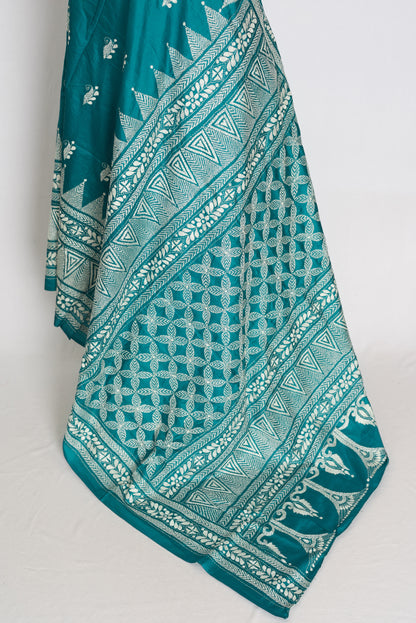 Keya : Green Pure Silk Kantha Saree with 40 Size Ready Stitched Blouse image 7