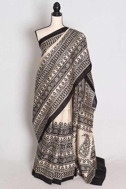 Nandini | Off-White & Black 3-Ply Murshidabad Block Printed Pure Silk Saree image 0