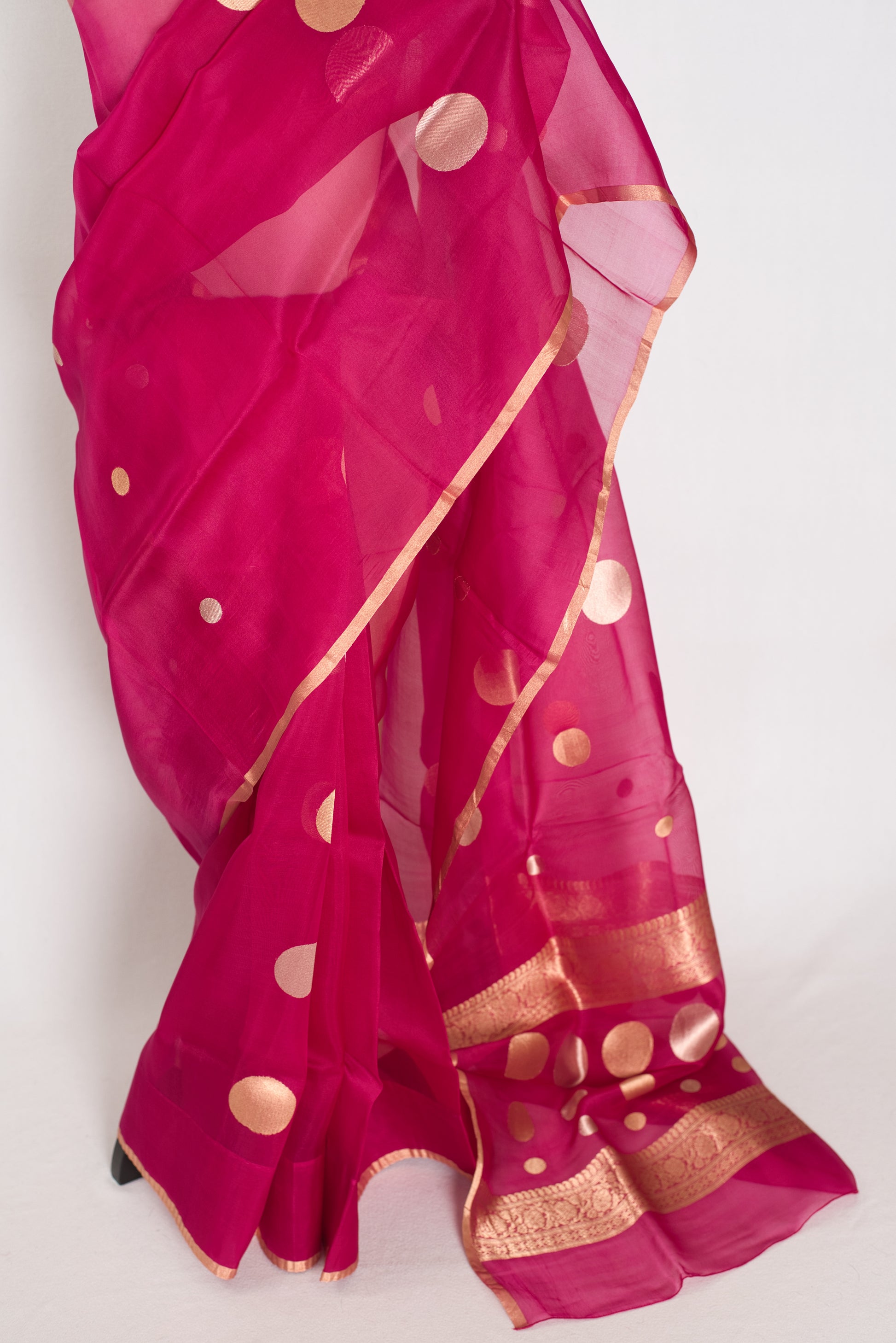 Aaliya | Hot Pink Kora Organza Banarasi Saree | Contemporary Gold Polka Dots image 6