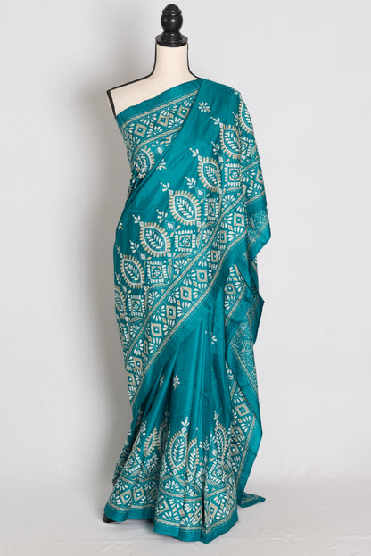 Mahua : Green Pure Silk Hand-Embroidered Kantha Stitch Saree | Silk Mark image 0