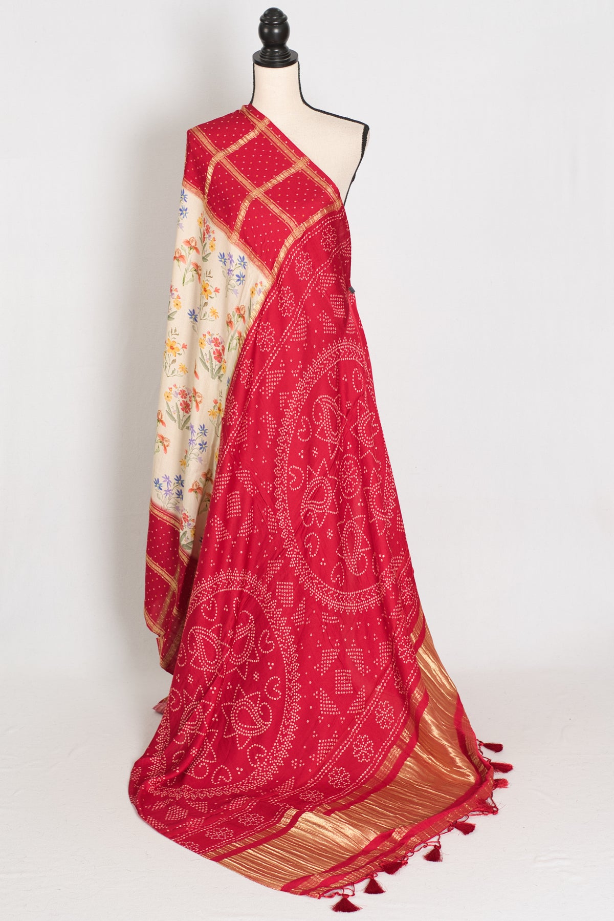 Mehuli | Cream & Rosy Red Modal Silk Saree | Gharchola & Bandhani Print image 2